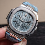 A Closer Look at the Patek Philippe Nautilus Flyback Chronograph in White Gold Featuring a Denim Strap