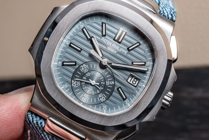 A Closer Look at the Patek Philippe Nautilus Flyback Chronograph in White Gold Featuring a Denim Strap