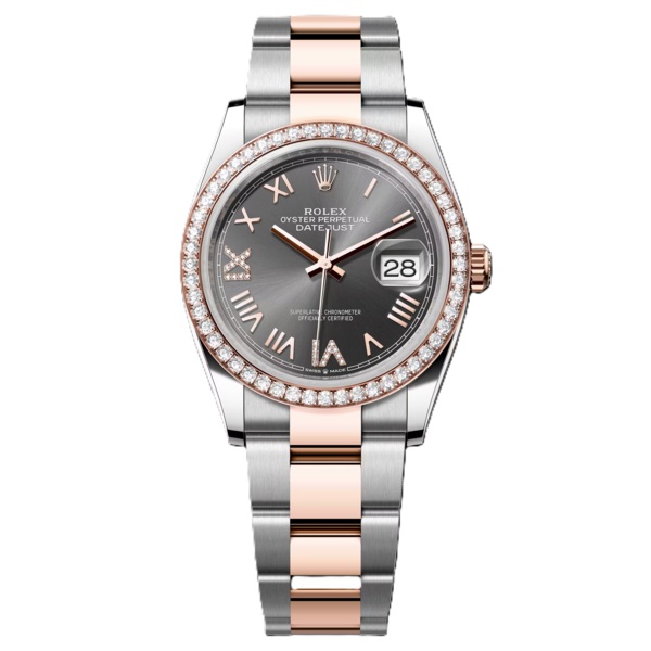 Rolex Datejust 36mm Rose Gold and Steel With Grey Dial and Diamond Bezel 126281rbr-0036
